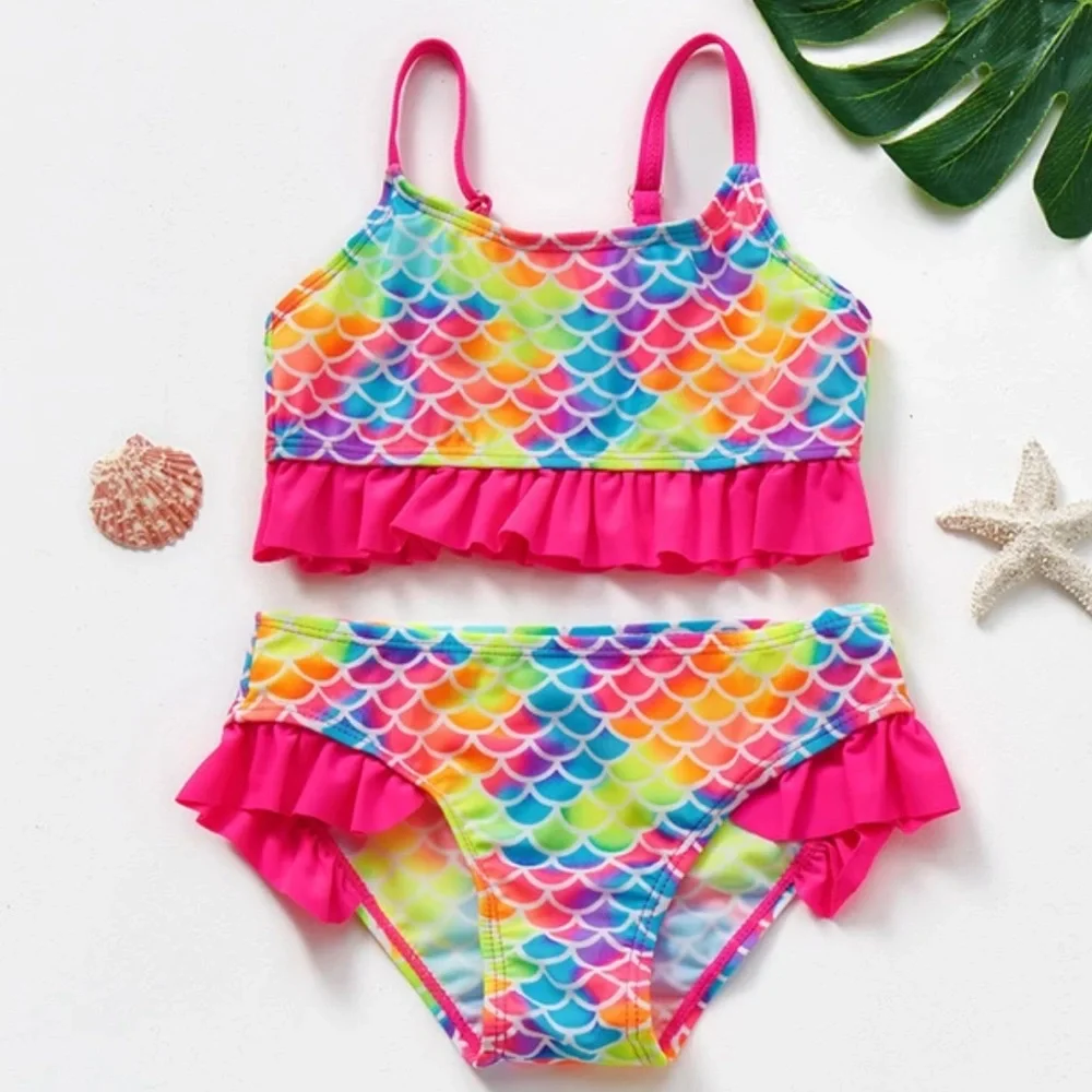 Baby 2 Piece Bikini Blue & Black mermaid design w ruffles so very Cute Size 2T 👙
